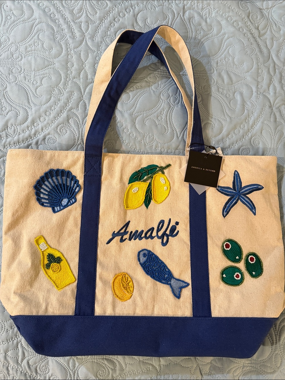 NWT VIRAL America & Beyond Embroidered Beaded Amalfi Canvas Tote Bag